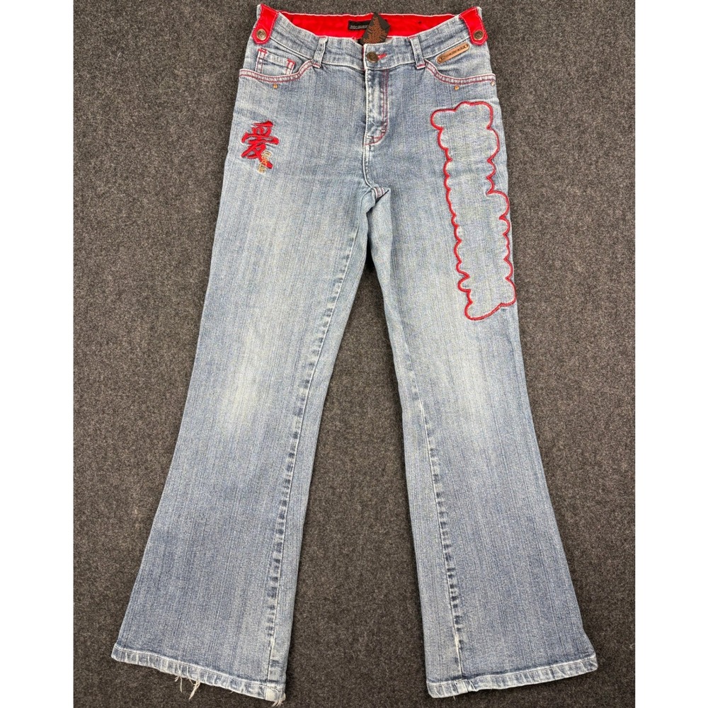 Rocawear Girls Flare Jeans Light Wash Red Embroidery Size 14 Vintage Y2K Style